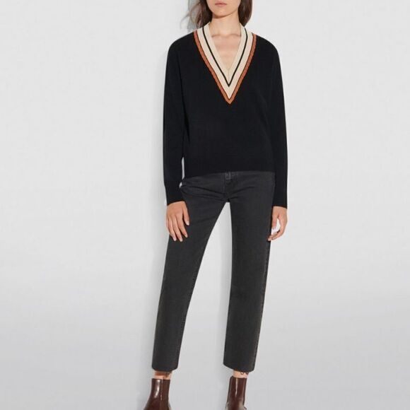 Sandro Colle Wool Cashmere Black Sweater V Neck Size 2 - Picture 3 of 16